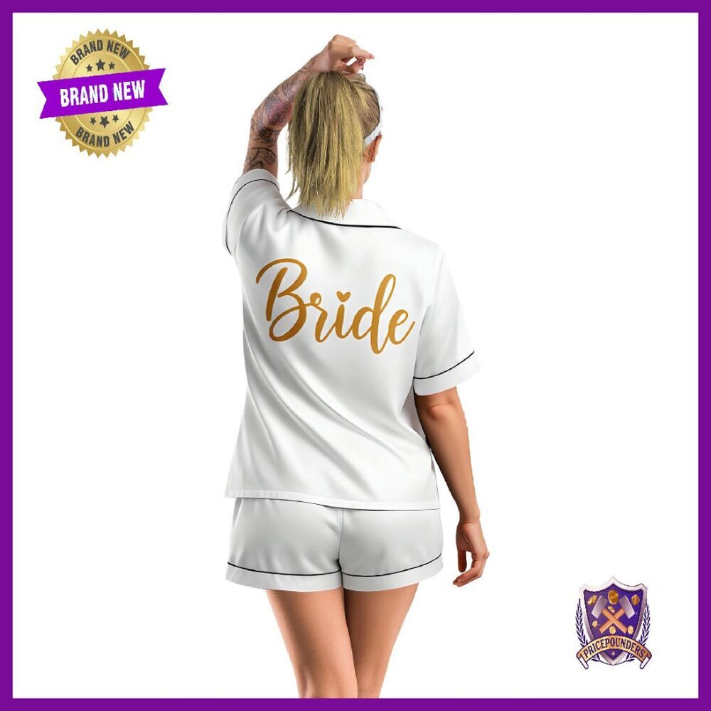 White Satin Pajama Set with Hair Band for Bride Bridal Party Sleepwear